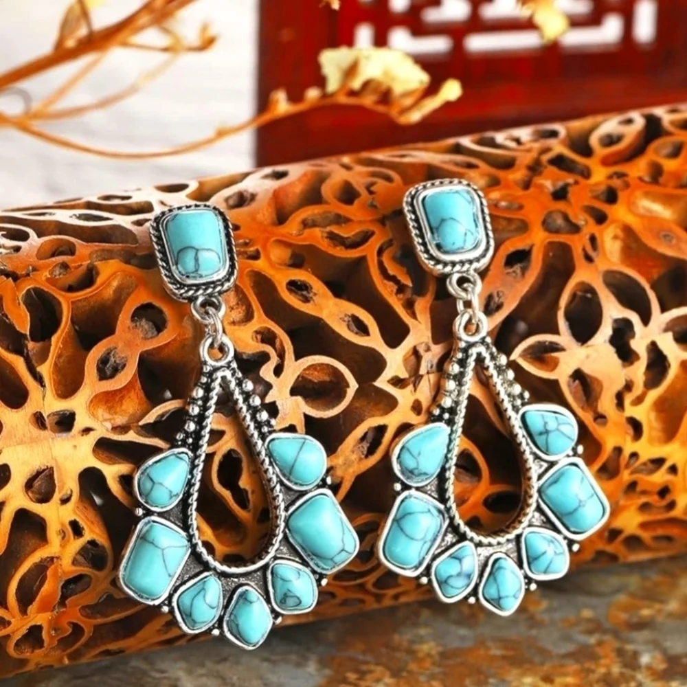 Bohemian Earrings Silver Plated 2" Turquoise Western Jewelry - Picture 6 of 8